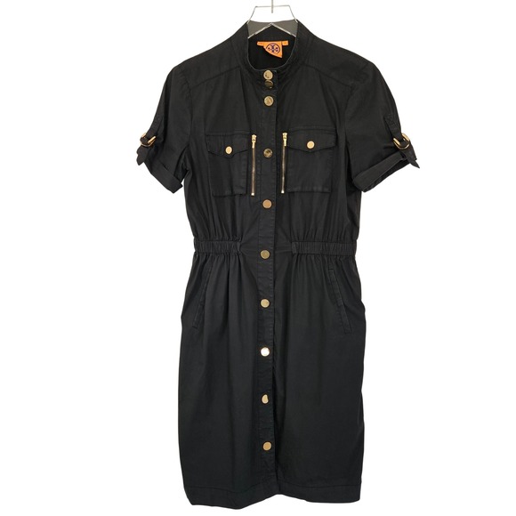 Tory Burch Black Utility Shirt Dress Gold Logo Hardware Cotton Blend Size 8 - Picture 2 of 12